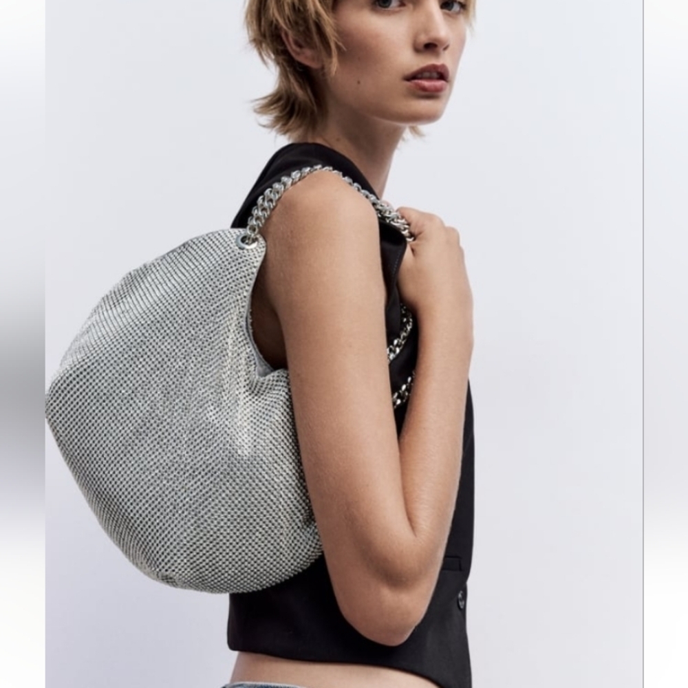 Zara Rhinestones Mini Silver Sparkly Tote - Picture 3 of 12